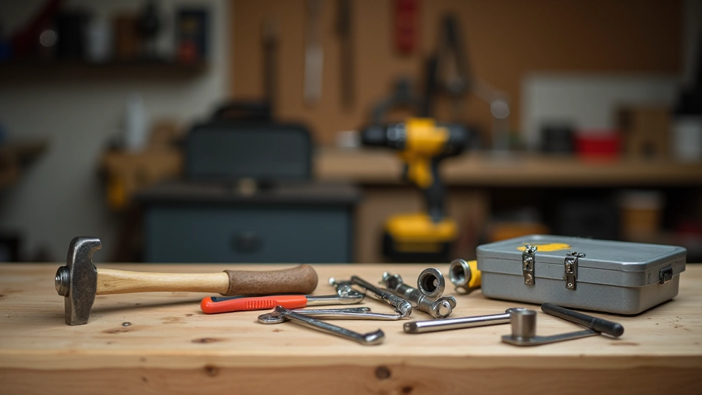 Outils de base sur un établi : marteau, tournevis, clés, perceuse et boîte à outils en métal