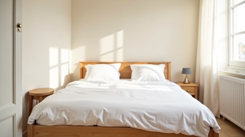Chambre simple et épurée avec lit en bois clair, armoire blanche et fenêtre donnant sur le jour