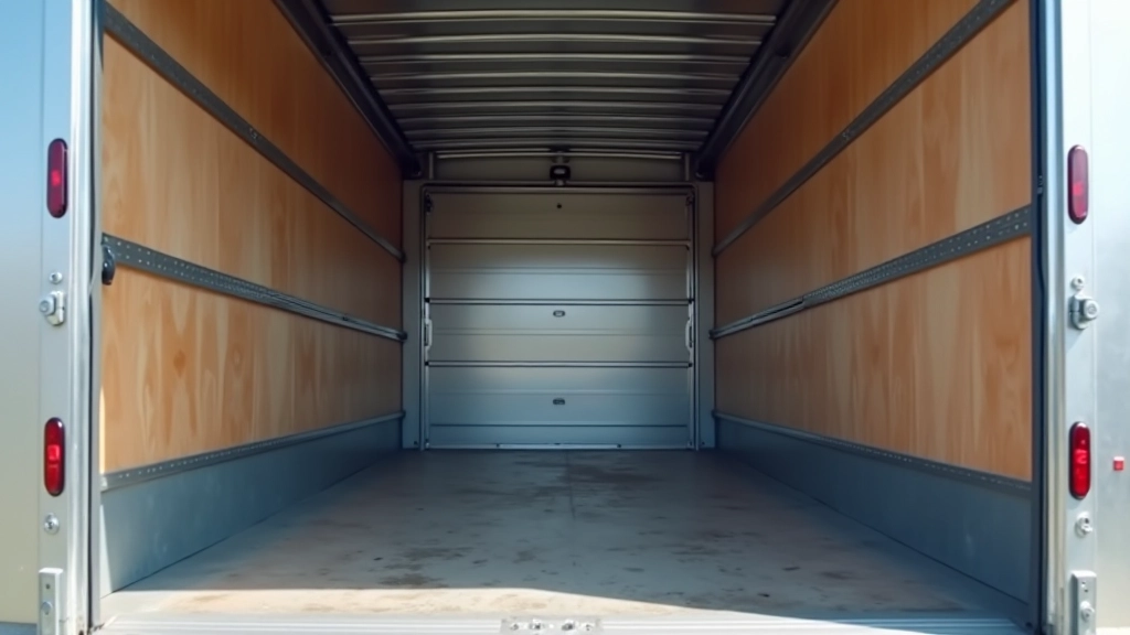 Intérieur d'une camionnette de déménagement vide avec portes ouvertes, parois métalliques propres, prête pour les meubles