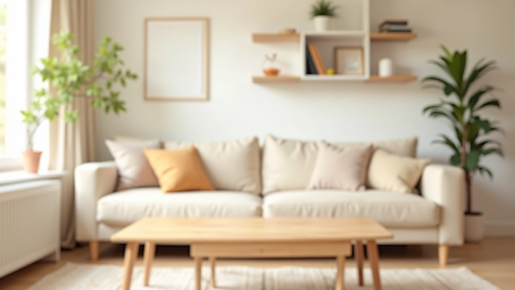 Salon accueillant avec canapé beige, table basse en bois clair, étagères murales et lumière naturelle