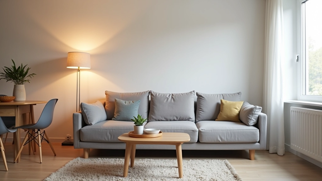 Salon meublé minimaliste avec canapé gris, table basse et chaises en bois