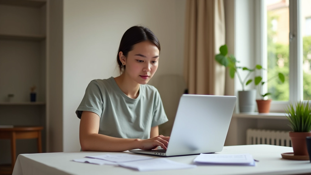 Jeune adulte gérant le budget de son premier appartement avec des documents et un ordinateur portable