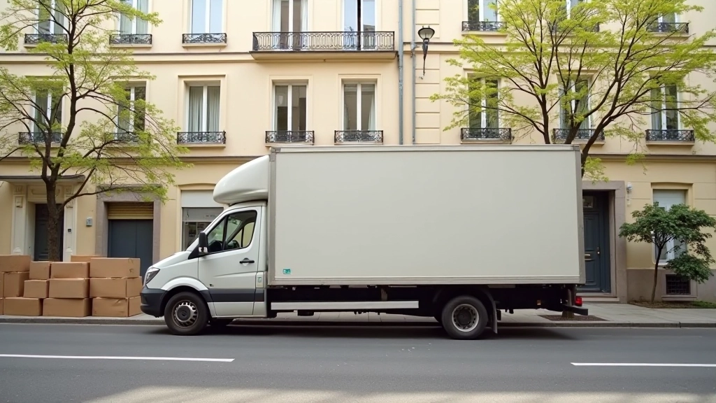 Camion de déménagement garé devant un immeuble résidentiel avec boîtes de carton