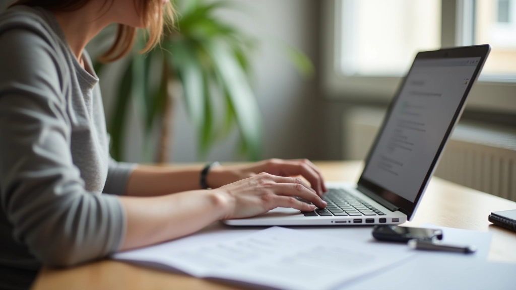 Personne remplissant le dossier APL en ligne sur ordinateur portable dans un appartement moderne