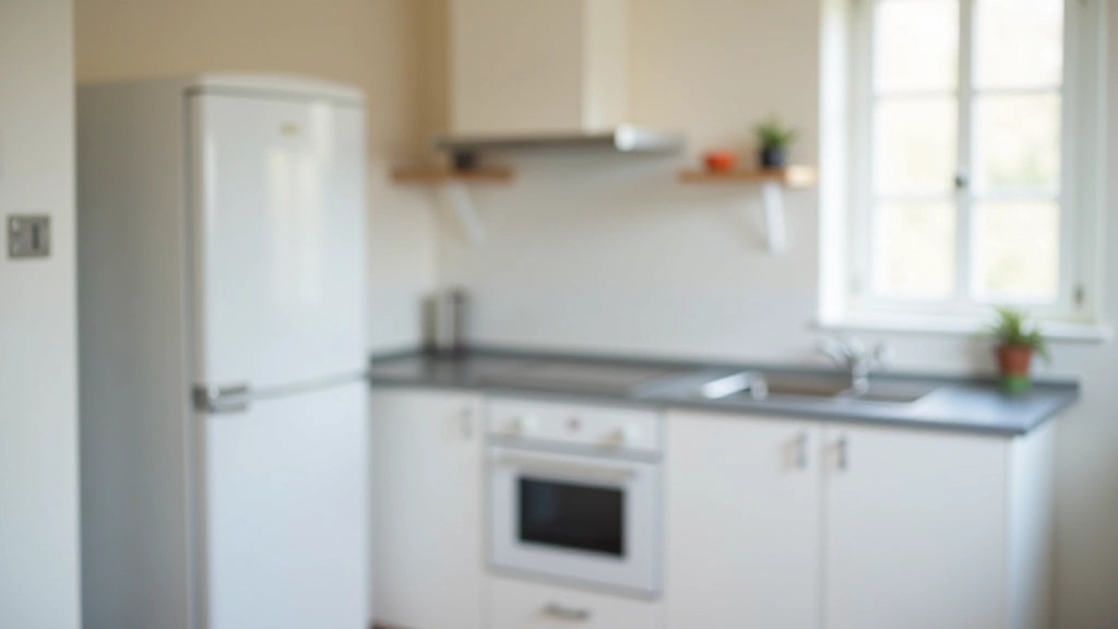 Petite cuisine équipée avec cuisinière blanche, réfrigérateur, évier en inox et plan de travail gris