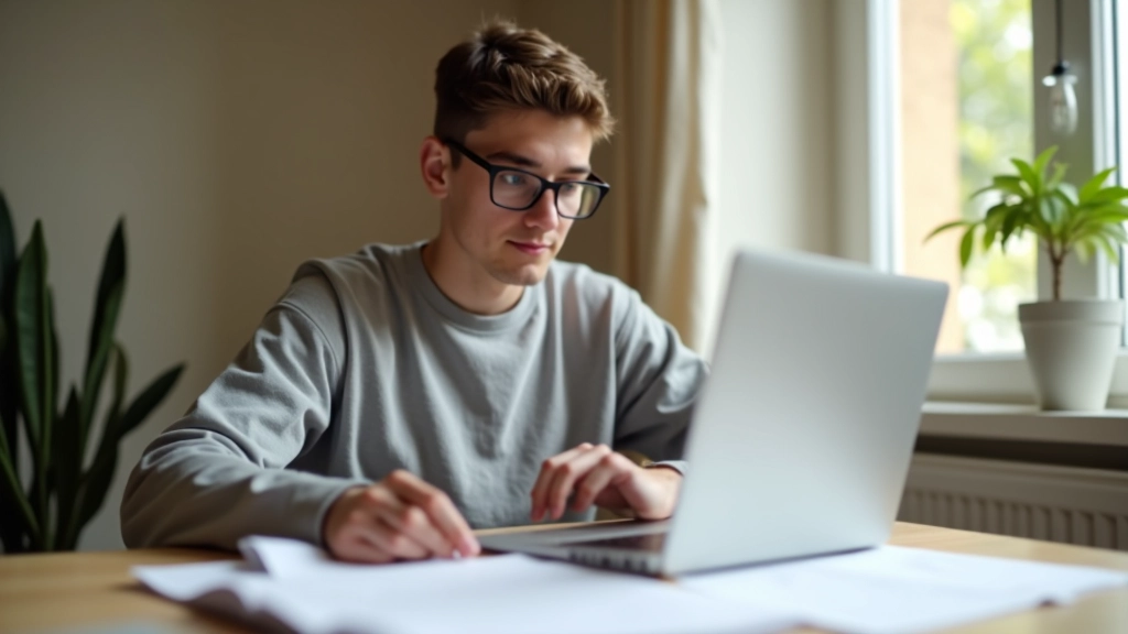 Jeune adulte travaillant sur un budget mensuel avec un ordinateur portable et des documents
