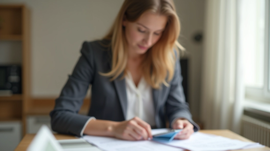 Femme jeune adulte vérifying des documents financiers et calculatrice sur un bureau