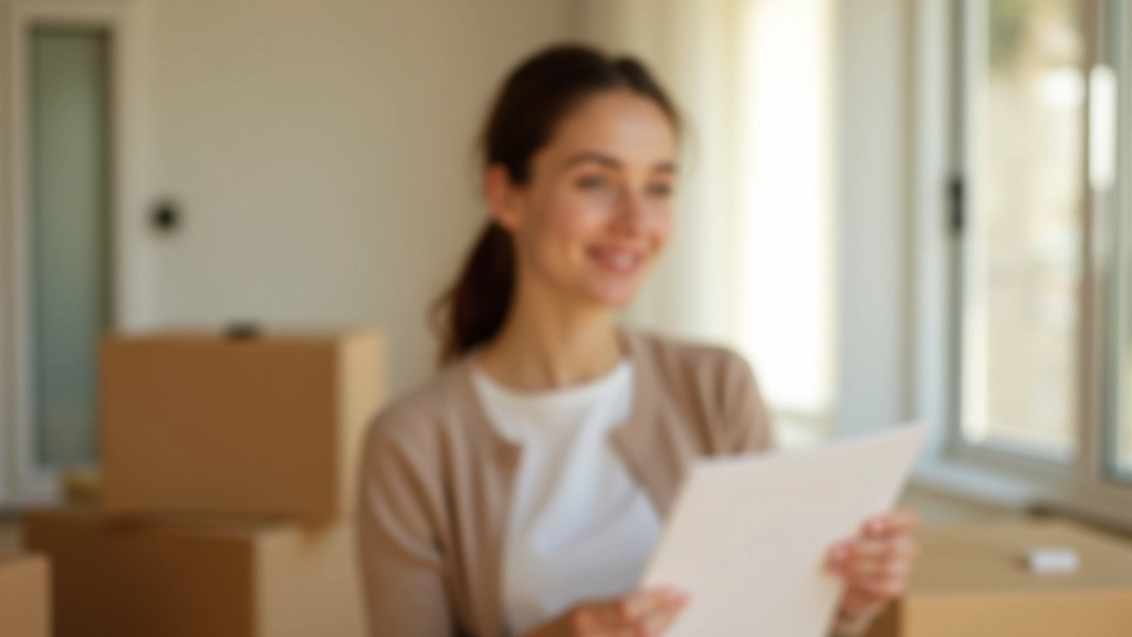 Jeune adulte dans un appartement moderne avec cartons de déménagement et documents budgétaires